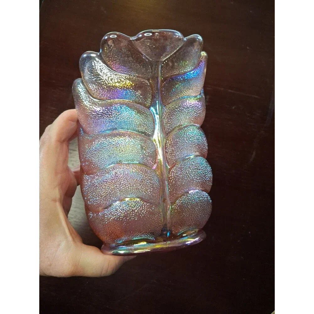 L E SMITH - Pink Iridescent - Carnival Glass - Leaf/Shell Vase - MCM vintage VGC